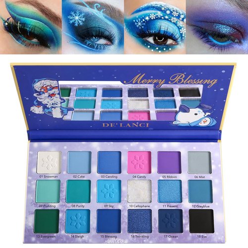 Blue Eyeshadow Palette, 18 Color Christmas Eyeshadow Makeup Palette Cool Toned Blue Make Up for Eyes and Lip, Bright Matte Shimmer Intense Color Pay off Blue Pink Purple Makeup Pallet for Xmas Stage
