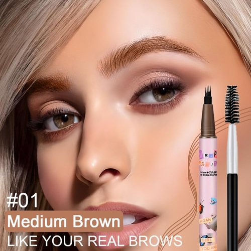Microblading Eyebrow Pen,Eyebrow Contouring Pen,4 Tip Magic Eyebrow Pencil with Brow Brush,Magical Precise Waterproof 3d Eye Brow Pencils Creates Natural Brows Makeup,lapiz de cejas-Medium Brown-A