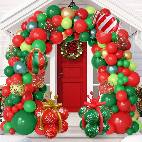 192Pcs Christmas Balloons Arch Garland Kit Candy Cane Reindeer Ball Foil Balloon Gift Box Red Green Gold Balloons for Xmas Holiday New Year Indoor Outdoor Christmas Birthday Party Decorations Supplies