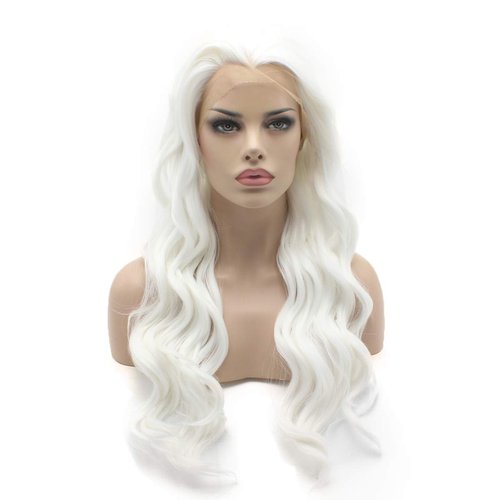 Lushy Wavy 24inch Long White Half Hand Tied Full Density Heat Friendly Synthetic Hair Lace Front Wigs