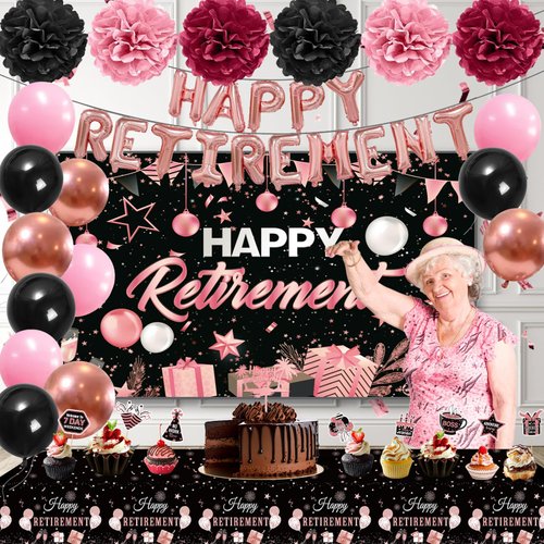 Retirement Party Decorations for Women, Rose Black Retirement Decorations for Women Include HAPPY RETIREMENT Balloons Banner Paper Pompons Retired Backdrop Tablecloth Cake Toppers