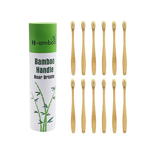 N-amboo Boar Bristles Natural Bamboo Toothbrush Eco-Friendly Biodegradable Zero Waste Pack of 12
