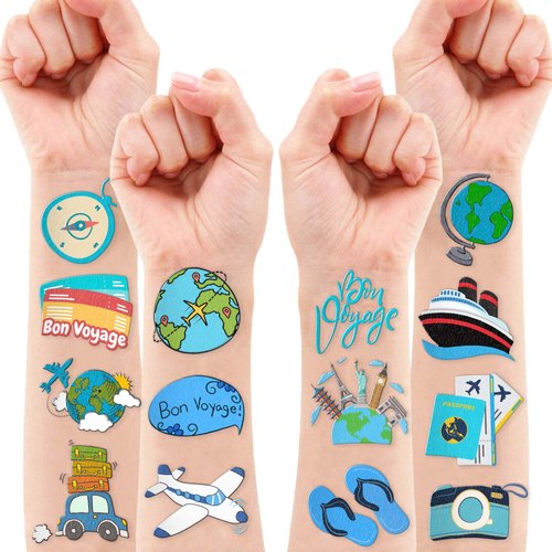 Travel Temporary Tattoos Bon Voyage Birthday Party Supplies Favors Decorations Adventure Awaits World Travel Super Cute 96 PCS Tattoos Stickers for Kids Boys School Classroom Rewards Gifts Ideal