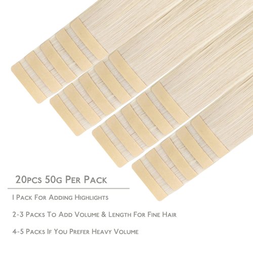 WENNALIFE Tape in Hair Extensions Human Hair, 20pcs 50g 14 inch Platinum Blonde Remy Hair Extensions Straight Human Hair Tape in Extensions Skin Weft Tape Extensions Human Hair