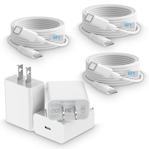 USBC Charger for iPhone 16 15 Charger, Belcompany USB C Charger Block, 3-Pack 20W Type C Fast Wall Charger for iPhone 16 Plus 15 Pro Max, iPad Pro/Air 5, iPad 10/Mini 6, Galaxy, 3Pack 6 ft USB-C Cable