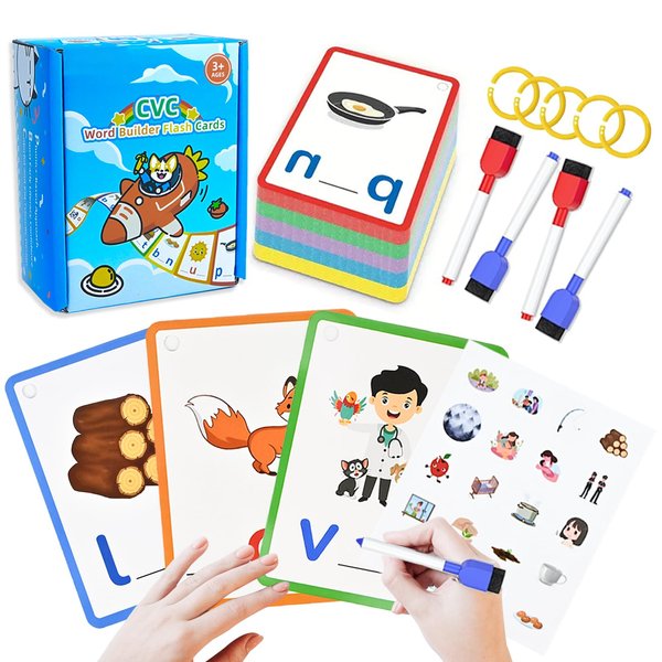 TUNJEJINY CVC Word Game Writing & Spelling Flash Cards, Short Vowel Sight Words Reading Game,Preschool Learning Activities Kindergarten Educational Toys for 3 4 5 6 Years Old Kids