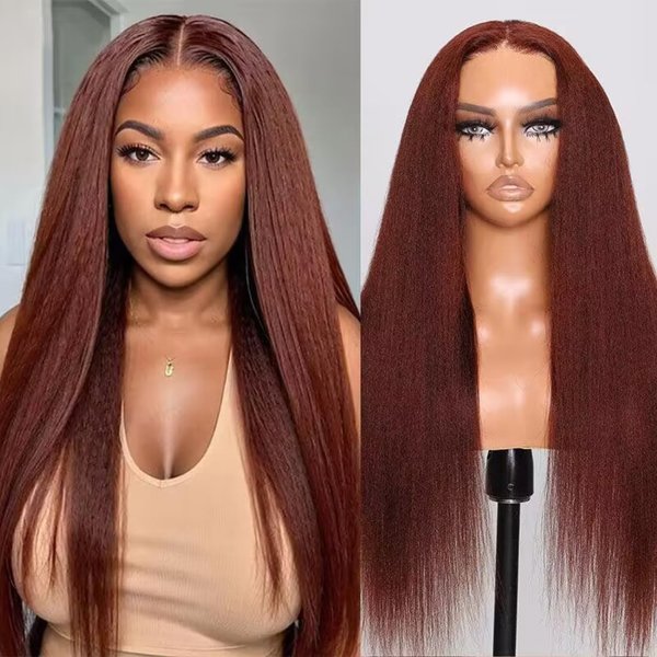 UNICE Bye Bye Knots Glueless Wig Reddish Brown Yaki Straight 7x5 Pre Cut Lace Glueless Wigs Human Hair Pre Plucked Pre Bleached Invisible Knots Human Hair Wig 18 inch
