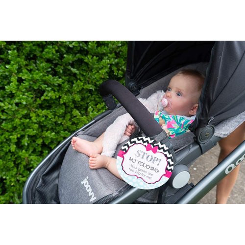 THREE LITTLE TOTS – Pink Zig Zag Stop No Touching Baby Car Seat Sign or Stroller Tag - CPSIA Safety Tested