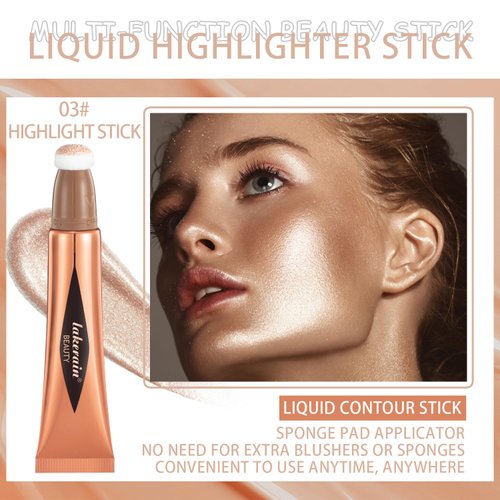 Highlighter Makeup Stick, Soft Liquid Highlighter Wand with Cushion Applicator, Silky Beauty Highlighter for Cheeks, Cream Highlighter Natural shimmer, Lightweight Breathable (03# Highlight Stick)