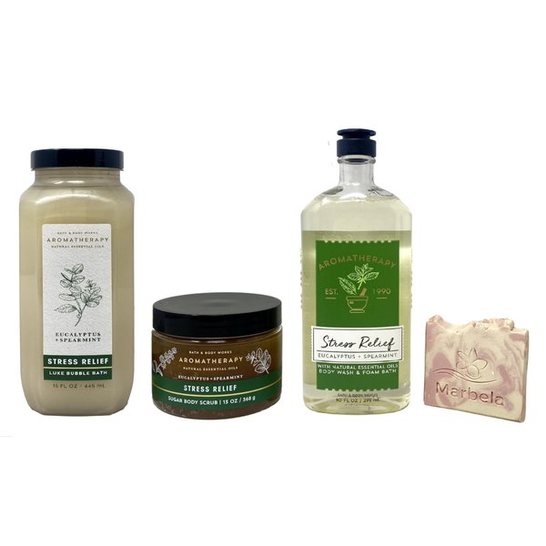 Bath & Body Works Eucalyptus Spearmint Gift Set - Body Wash & Foam Bath, Sugar Body Scrub and Luxe Bubble Bath with a Himalayan Salts Springs Sample Soap