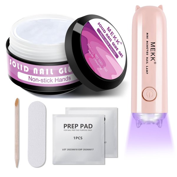 MEKK Solid Nail Glue15g with Handheld UV Nail Lamp,Super Strong Nail Glue,Soft Gel Nail Glue for Press Ons, Mini uv nail lamp for Nail Art DIY,Nail Glue Portable UV Nail Light Kit for Salon