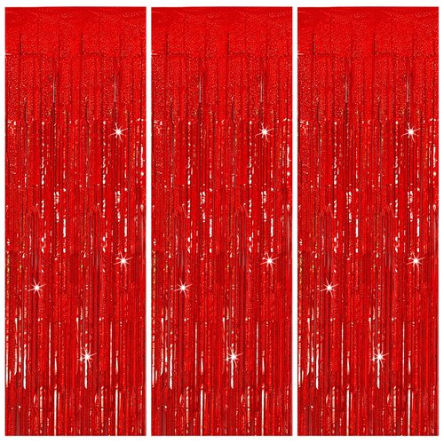 3 Pack Red Streamers Party Backdrop Christmas Decorations Foil Fringe Backdrop Curtains Carnival Casino Theme Birthday New Year Holiday Celebration Bachelorette Party Decorations Supplies