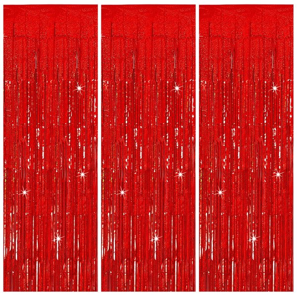 3 Pack Red Streamers Party Backdrop Christmas Decorations Foil Fringe Backdrop Curtains Carnival Casino Theme Birthday New Year Holiday Celebration Bachelorette Party Decorations Supplies