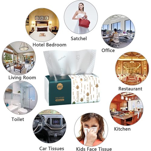 Pack of 4, Small Facial Tissue, Toilet Paper -Bag Cover, Disposable Napkin, Material Native Wood Pulp Fiber NOT COTTON, White Facial Paper, 4-Ply, 400 Sheets per Pack