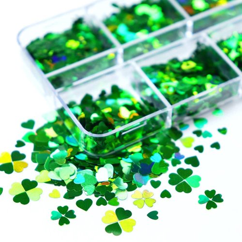 6 Grids St. Patrick's Day Nail Art Sequins 3D Shamrock Nail Decals Mixed Stars Heart Leaves Clover Nail Designs Holographic Nail Glitter Flakes for Women DIY St Patricks Day Nail Decorations