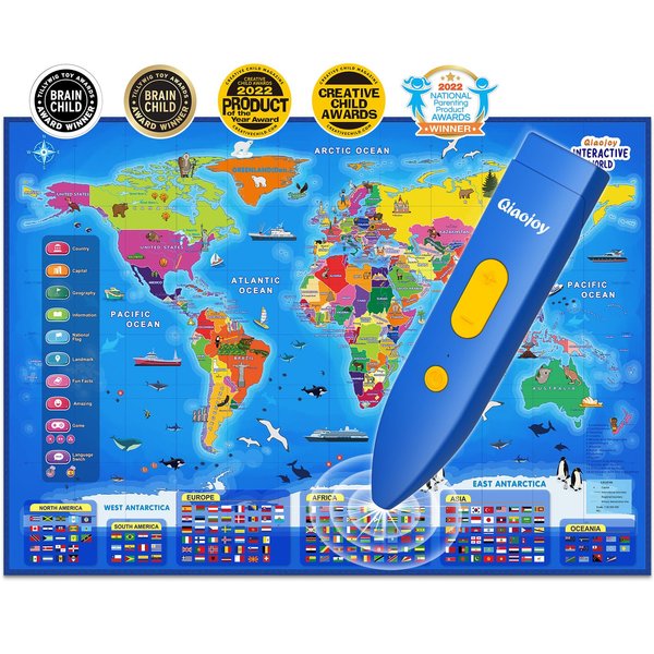 Qiaojoy Bilingual Interactive World Map for Kids Learning and Educational Toys, Talking Electronic Kids World Map i-Poster Geography Games Ages 3 to 12 Years Old, Custom Talking Birthday Gifts Card