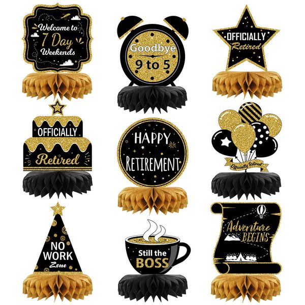 9PCS Retirement Party Decorations, Black and Gold Retirement Table Decorations, Retirement Centerpieces for Table, Retirement Decor for Retirement Party Men and Women