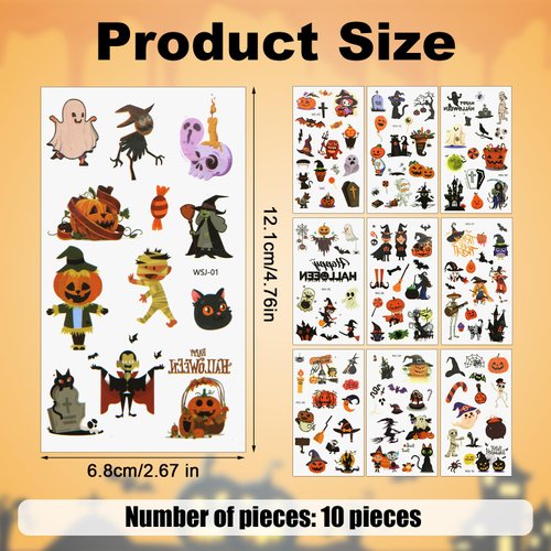 10 Sheets Halloween Temporary Stickers, Various Patterns Halloween Tattoos Waterproof Halloween Tattoo Stickers for Kids Adults Halloween Decorations (Style 1)