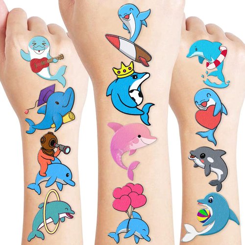 86 PCS 8 Sheet Dolphin Temporary Tattoos Sticker for Kids Cute Sea Animal Fish Dolphin Birthday Party Decorations Supplies Favors Gifts Boys Girls Baby Shower Cute Tattoo School Reward Themed