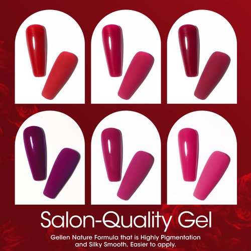 Gellen Gel Nail Polish - Red Burgundy 6PC Gel Polish Set, Hot Pink Purple Nail Polish Gel Manicure Nail Gifts Valentine's Day for Women