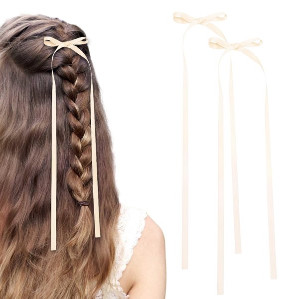 Cream Satin Hair Clips with Tassels, 2 PCS Long Ribbon Accessories for Women's Valentine's Day