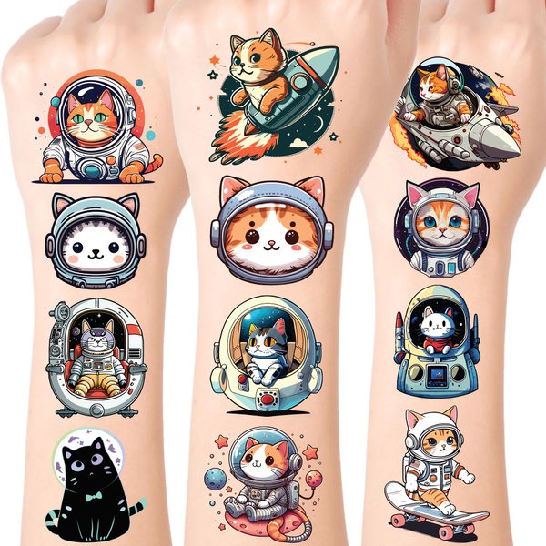 80 PCS Space Cats Temporary Tattoos for Party Supplies, Temporary Tattoo Stickers for Birthday Parties, Cat Tattoos Party Favor Activities, Waterproof Temporary Tattoos. (Cat 80PCS)