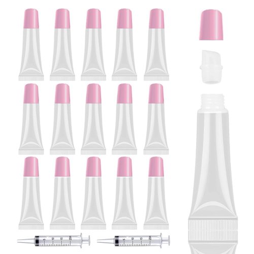 AMORIX 50PCS Lip Gloss Tubes Empty 10ml Pink Cap Lip Gloss Containers Lip Balm Tubes Cute Squeeze Tubes Lipgloss Making Supplies + 2 x 20ml Syringes Tag Labels for Lip Gloss Base
