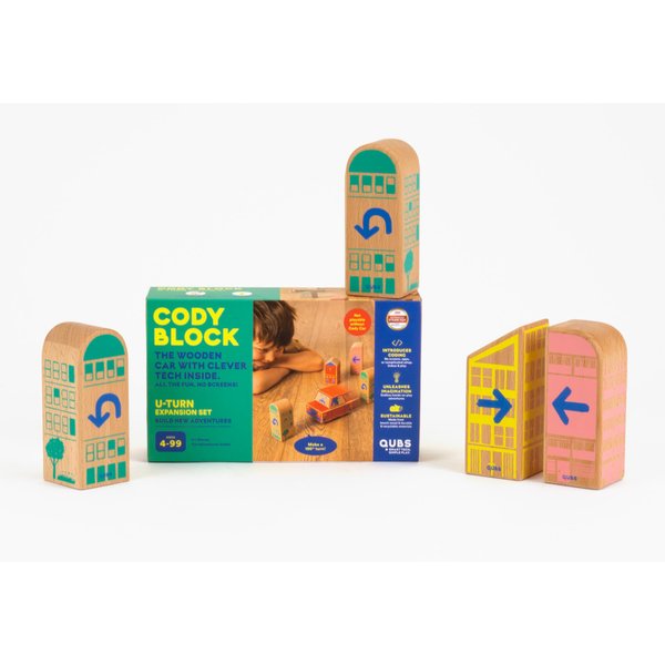 QUBS Cody Block U-Turn Expansion Set, Educational Wooden Building Blocks and Car STEM Toys for Preschool Kids Ages 3+