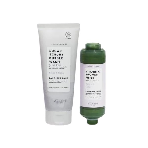 VOESH Shower & Empower Duo, Lavender Land, Vitamin C Shower Filter, Exfoliating Sugar Scrub, Body Wash, Clean Shower Care Set, Vegan Skincare, Spa Gift, Clean Beauty
