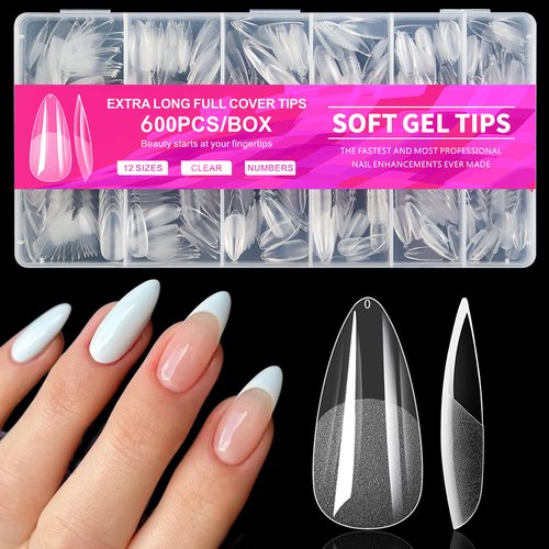 AddFavor 600pcs Almond Nail Tips, Medium Almond Gel X Nail Tips Clear Fake Nails Full Cover Acrylic Nail Tips for Extension Nail Manicure Salon Home DIY