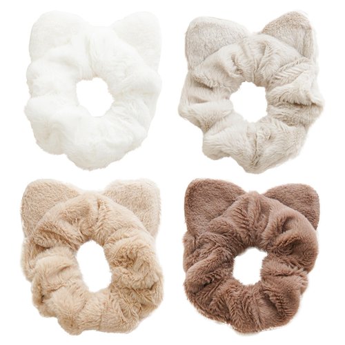 4 Pack Soft Plush Cat Ear Hair Ties - Hair Scrunchies Cat Ear Hair Bands - Cute Kawaii Elastic Scrunchies for Girls and Women - Scrunchy Hair Tie Ponytail Holder Cat Ear Scrunchies