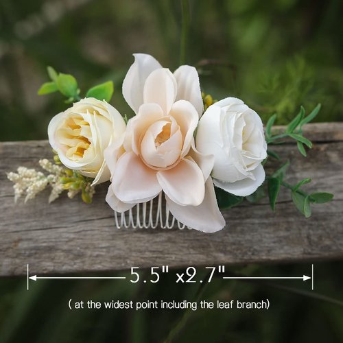 Fangsen Silver Wedding Freesia Rose Flower Hair Comb Bridal Floral Hair Headpiece for Women and Girls Ivory