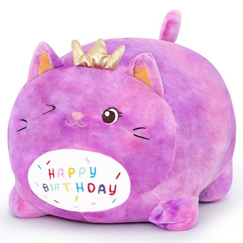 MIAOHAHA Happy Birthday Plush Pillow Toy,Soft Plush Cat Toy Plushies Gift for Kids and Girls(Purple Cat,25cm/9.8in)