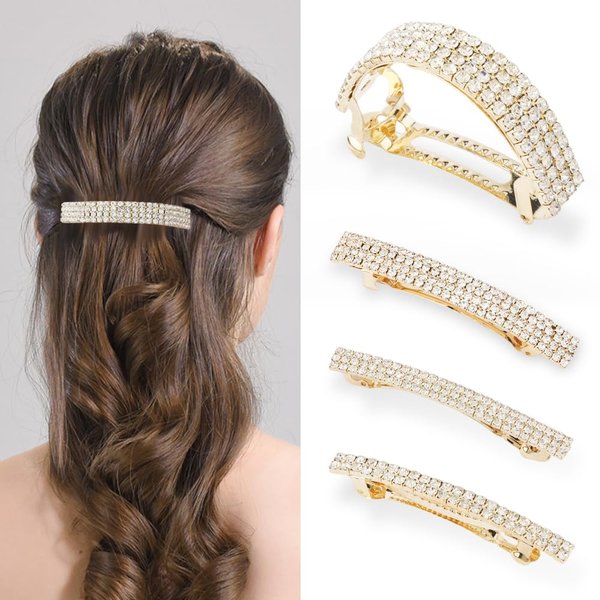 Ahoney 4 Pieces Rhinestone Hair Clips Small Hair Barrettes for Women Glitter Sparkly Metal Spring Hair Accessories Crystal Ponytail Holders Side Clips for Women (Gold)