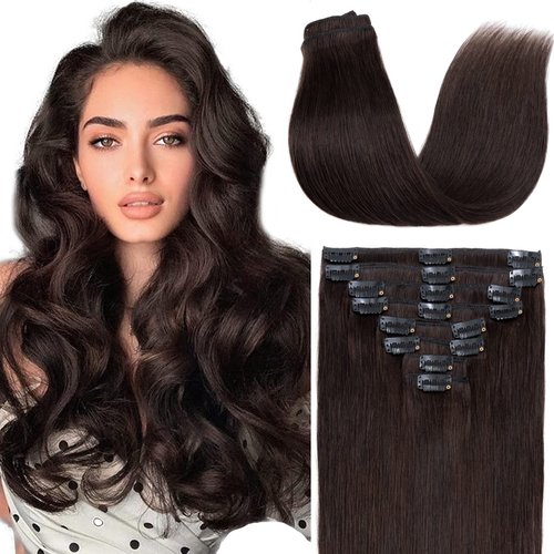 Clip in Hair Extensions Human Hair Full Head 8 Pieces 18 Clips 100% Real Silky Human Hair 20"-105g Dark Brown (#2)