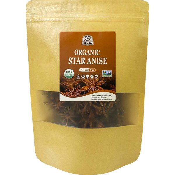 52USA Organic Star Anise, 4 Ounce (Pack of 1), NON-GMO Verified Chinese Star Anise Whole, Dried Star Anise Pods for Tea and baking