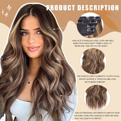 Wavy Hair Extension for Women 20 Inch Long Wavy Hairpieces Black Brown Clip in Hair Extensions Fiber Double Weft Hair 4PCS Full Head Thick Synthetic Clip in Hairpieces(Honey Blonde Mixed Light Brown)
