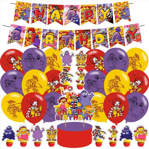 32Pcs Hamburglar Birthday Party Decoration,Cartoon Hamburglar Grimace Shake Yellow Hat Include Kids Cartoon Theme Birthday Banner, Cake Topper, Latex Balloons for Fans Birthday Party Supplies