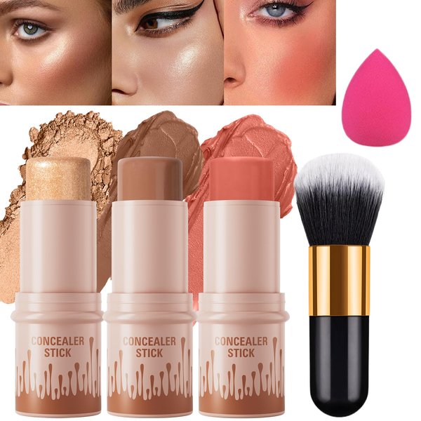 MKNZOME 3Pcs Cream Contour Stick, with Highlighter Stick Milk Bronzer Stick Blush Stick, Face Contour Stick Highlighter Makeup with Makeup Brush and Sponge, Easy to Sculpt the Face, Long Lasting
