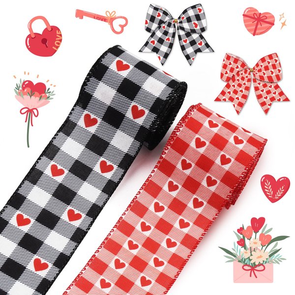 Hying 2 Rolls Valentine's Day Craft Ribbons for Wreath Bows, 2.5"×10 Yards Love Heart Wired Edge Ribbons Red Black Buffalo Plaid Ribbons for Crafting Valentines Decorations Wedding Party Supplies