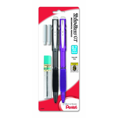 Pentel Twist-Erase GT (0.7mm) Mechanical Pencil, Lead, 2 Erasers, Assorted Barrel Colors, Color May Vary, Pack of 2 (QE207LEBP2M)