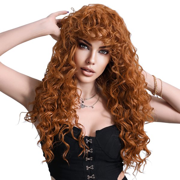 7JHH WIGS Long Kinky Curly Wigs with Bangs,24in Ginger Orange Deep Wave Synthetic Pelucas afro half wig for Black Women