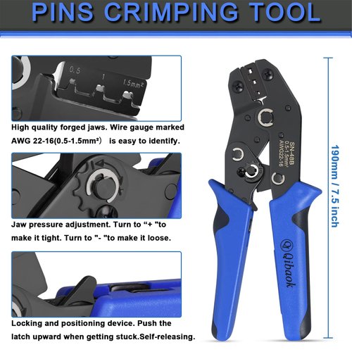 Wire Terminal Crimping Tool Kit, Qibaok Ratcheting Wire Crimper AWG 22-16(0.5-1.5mm²) with 500PCS Female Male Spade Connectors & Bullet Connectors Terminals