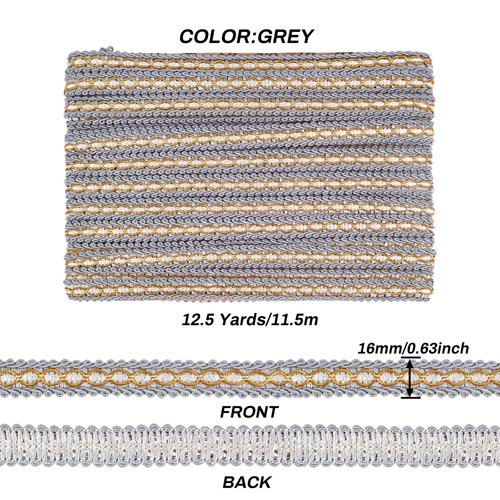 FINGERINSPIRE Gray Braid Trim 5/8" X 12.5 Yards Polyester Ribbon Woven Gimp Fringe Trim for Costume DIY Crafts Sewing Jewelry Making Home Decoration