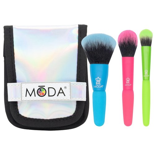 MODA Minis Totally Electirc Face 4pc Makeup Brush Kit – Travel-Size Vegan Brushes with Neon Handles for Face & Eyes