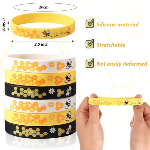 Bee Bracelet Silicone Bee Wristband Assorted Color Bee Theme Party Favors Bee Teachers Decorations Classroom Decorations Bees Wristband for Boy Girl Bee Birthday Baby Shower Party Supply (96 Pieces)