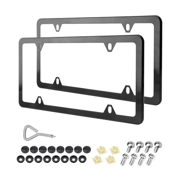 Osilly Car License Plate Frames, 2 Pack 4 Holes Stainless Steel Car Tag Holder, Universal US Standard, Slim Design Rust-Proof License Plate Covers with Screw Caps, Automotive Accessories (Black)