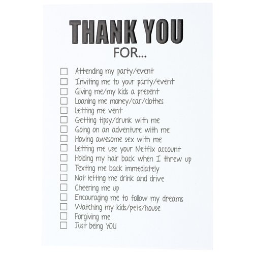 Funny Adult Thank You Cards - 20 Pack of "Thank You For" Checklist Cards - Crazy, Funny, Positive or Silly - Black Foil Embossed and Black Foil Lined Envelopes (A7) 5 x 7