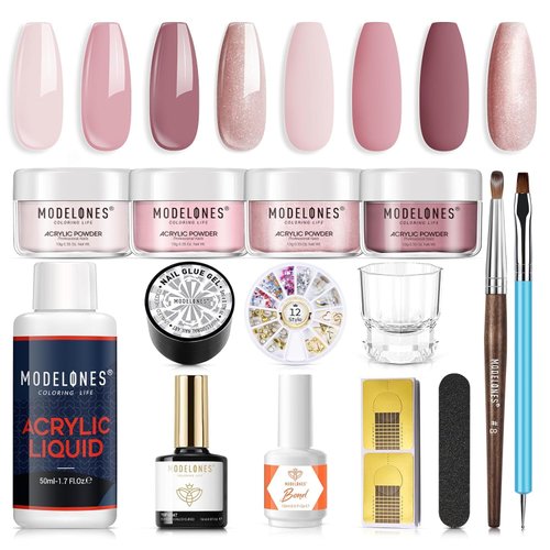 Modelones Acrylic Nail Kit, Acrylic Nail Set with 4 Colors Acrylic Powder, Monomer Acrylic Nail Liquid, Rhinestone Glue, Acrylic Nail Brush, Gel Top Coat Gift for Easter Basket Stuffers