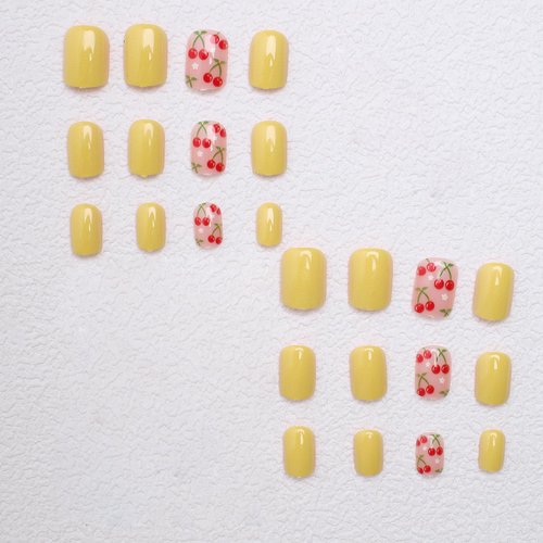 Cherry Press on Nails Short Square Shaped Fake Nails Yellow Glossy False Nails Summer Fully Cover Small Stick on Nails Cute Glue on Nails Reusable Acrylic Nail Kit for Women Manicure 24 Pcs